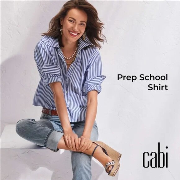 CAbi Striped Long Sleeve Button Up Prep School  Shirt 6085, L, White & Blue - Picture 1 of 9